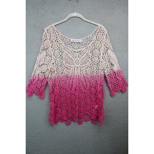 Aqua Blue Pink Creme Fade Crochet Tunic-Medium-Cottagecore-BOHO-Beachy